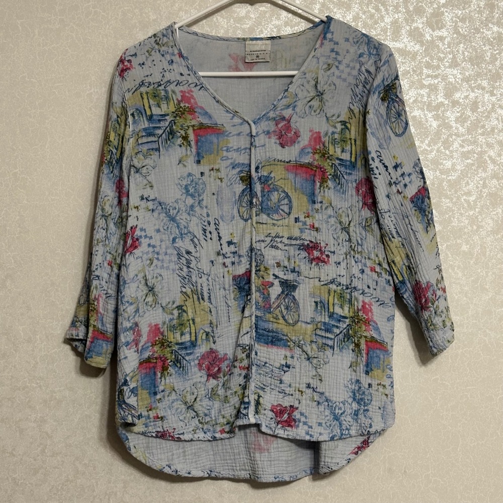 CMC Color Me Cotton Bicycle Floral Gauze V-Neck Blouse Blue Multi Whimsical M